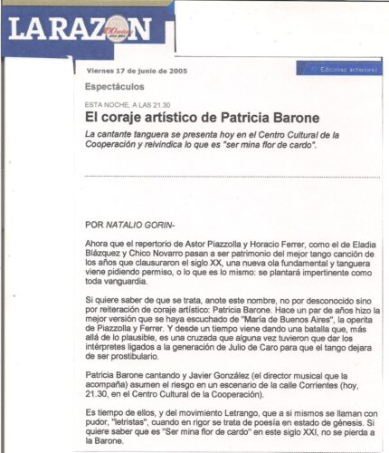 El coraje artístico de Patricia Barone (La Razón)